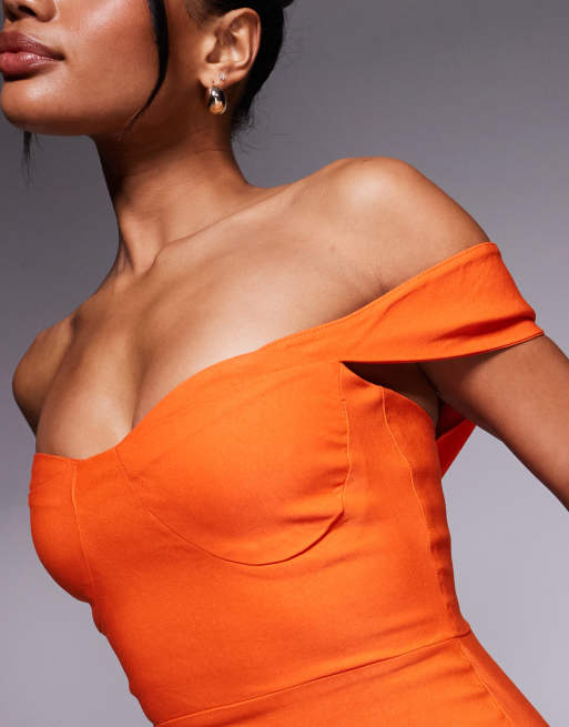 Vesper Off shoulder bardot bodycon midaxi dress in orange 