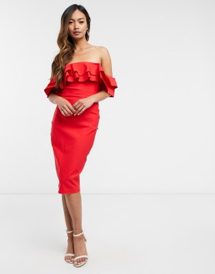 Vesper Off Shoulder Bodycon Midi Dress In Red | ModeSens