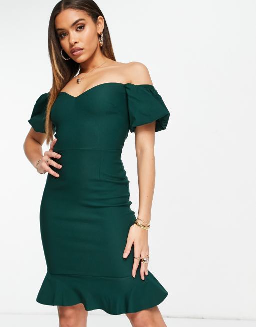 Vesper off shoulder mini dress in emerald green | ASOS