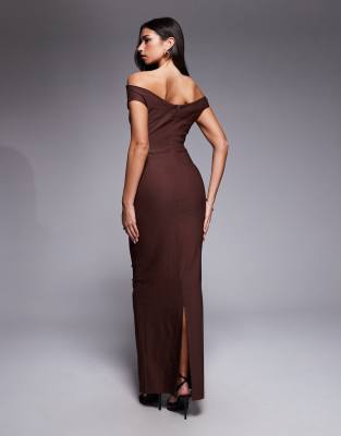 Vesper Off Shoulder Ruched Front Maxi Dress In Brown