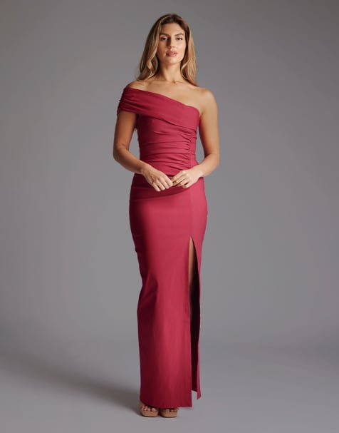 Vesper Off the shoulder ruched maxi dress in raspberry - view 1