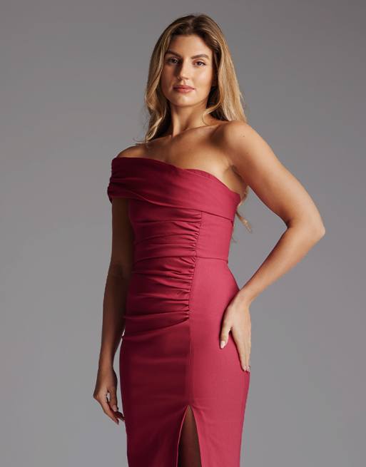 Vesper Off the shoulder ruched maxi dress in raspberry, 3 of 4