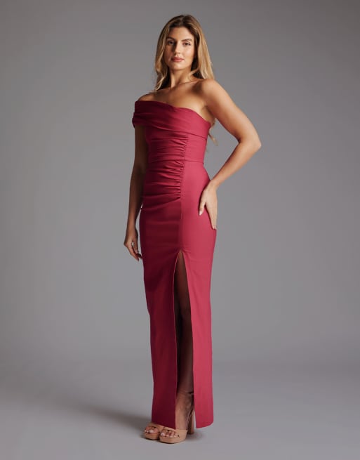 Vesper Off the shoulder ruched maxi dress in raspberry, 4 of 4