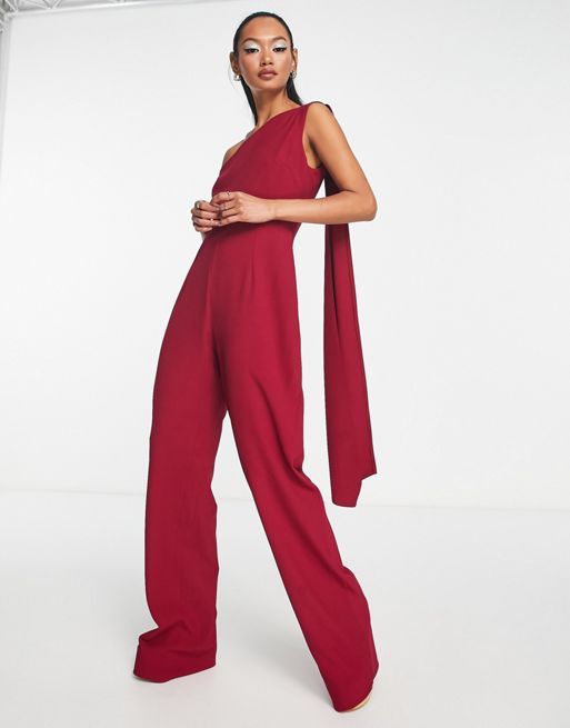 Vesper one drape shoulder jumpsuit in raspberry | ASOS