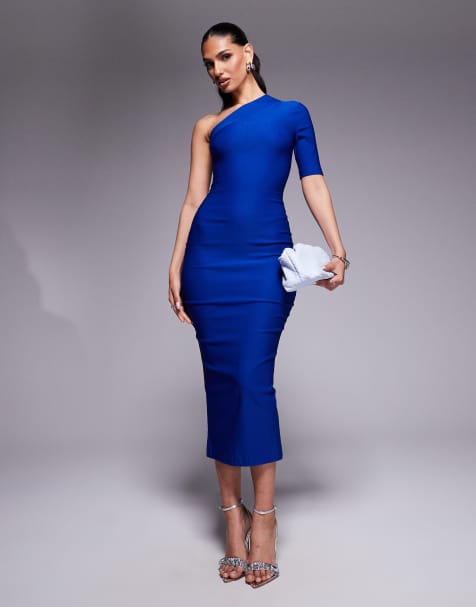Vesper One shoulder bodycon midaxi dress in cobalt 