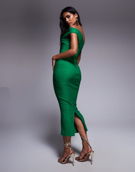 Vesper One shoulder bodycon midaxi dress in emerald, 3 of 4