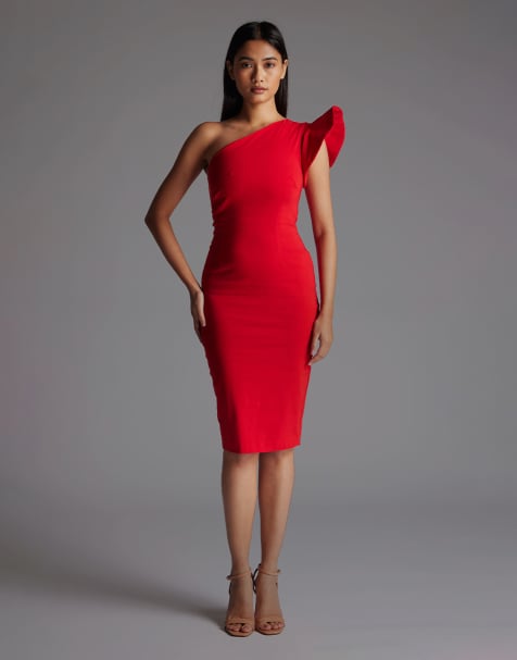 Vesper One shoulder bodycon midi dress with frill in red - view 1