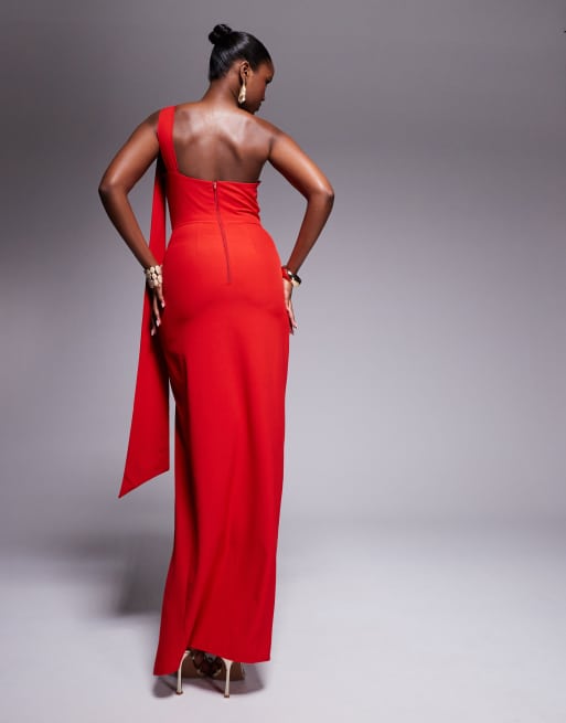 Vesper One Shoulder Collar Detail Maxi Dress in Red, 3 of 4