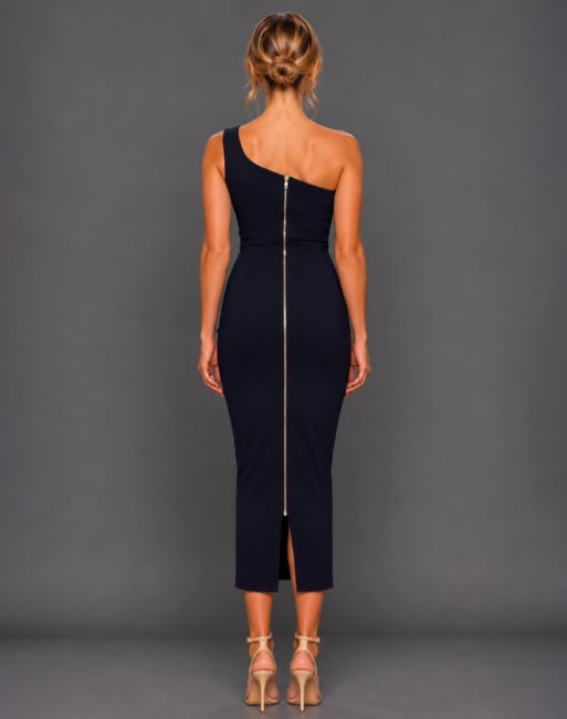 Vesper One shoulder cut out midaxi dress in navy, 2 of 5