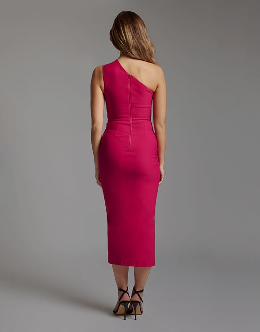 Vesper One shoulder cut out midaxi dress with thigh split in cerise, 2 of 4
