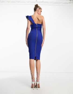 Vesper one shoulder frill bodycon midi dress in cobalt blue