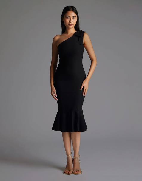 Vesper One shoulder frill hem midaxi dress with bow in black - view 1