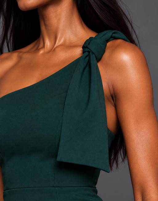 Vesper One shoulder knot detail maxi dress in forest green, 3 of 5