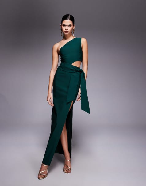 Vesper One shoulder maxi dress with belt in forest green - view 1