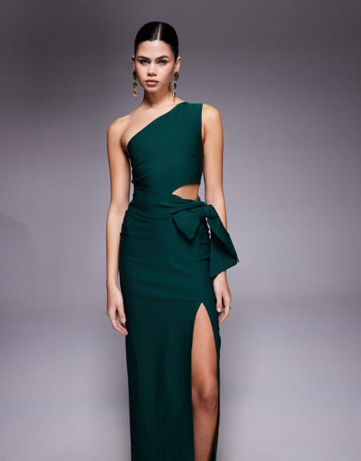 Vesper One shoulder maxi dress with belt in forest green, 2 of 4