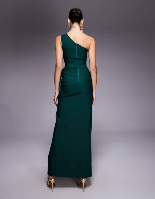 Vesper One shoulder maxi dress with belt in forest green, 3 of 4