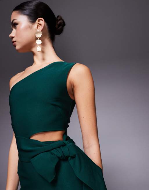 Vesper One shoulder maxi dress with belt in forest green, 4 of 4