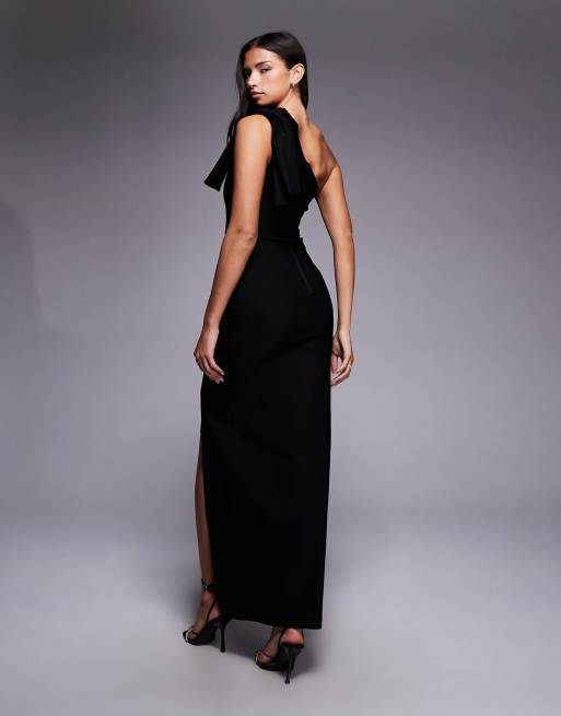 Vesper One shoulder maxi dress with bow detail and thigh split in black, 3 of 4
