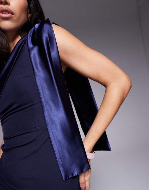 Vesper One shoulder maxi dress with satin drape in navy, 3 of 4