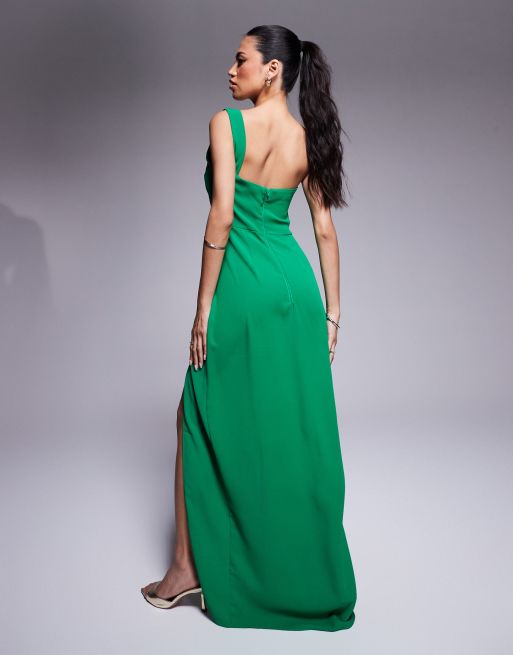 Vesper One Shoulder Maxi dress with thigh split in Bright Green, 4 of 4