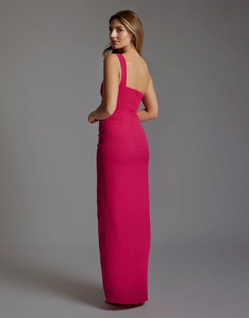 Vesper One shoulder maxi dress with thigh split in cerise, 2 of 3
