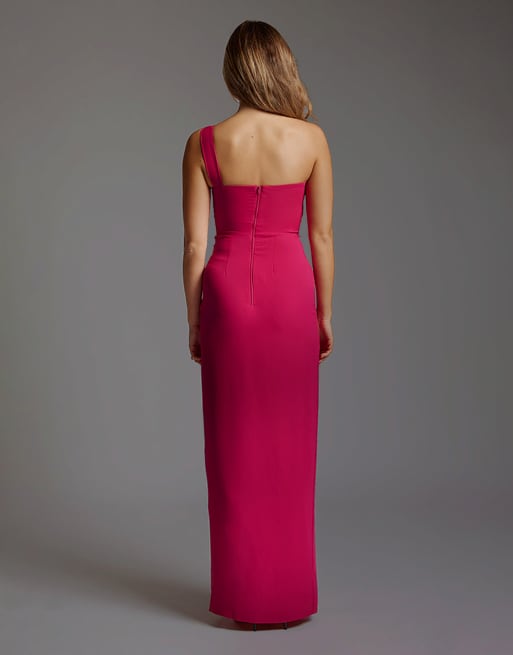 Vesper One shoulder maxi dress with thigh split in cerise, 3 of 3
