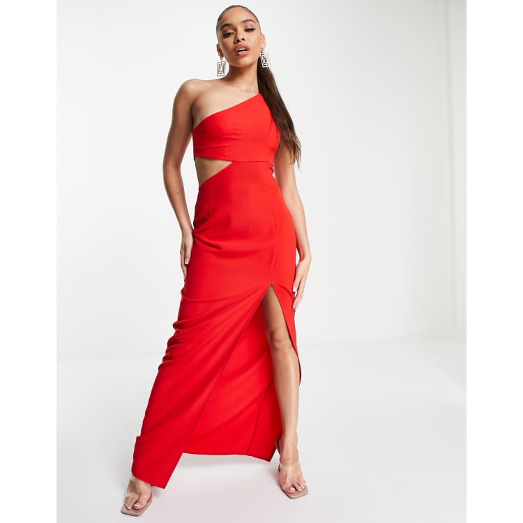 Vesper one shoulder maxi dress with thigh split in red