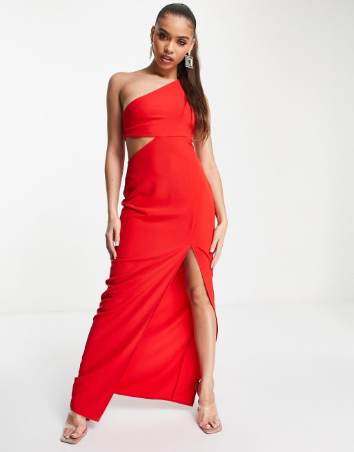 Vesper one shoulder maxi dress with thigh split in red