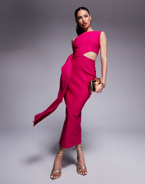 Vesper One Shoulder Midaxi Dress with belt in Cerise