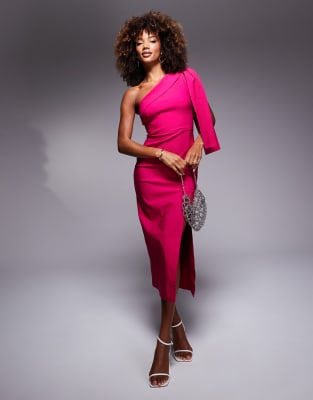 Vesper One shoulder midaxi dress with drape detail in cerise-Pink