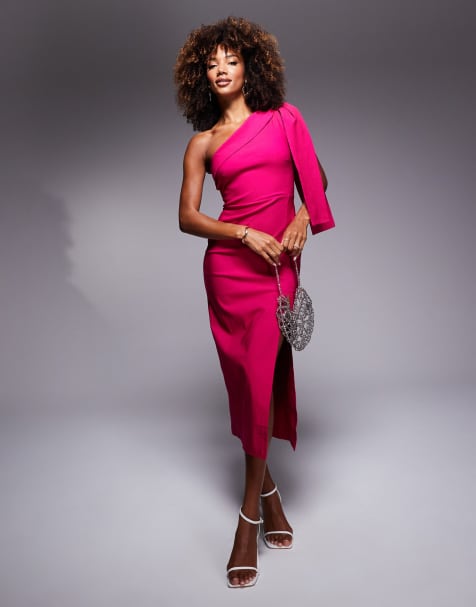 Vesper One shoulder midaxi dress with drape detail in cerise