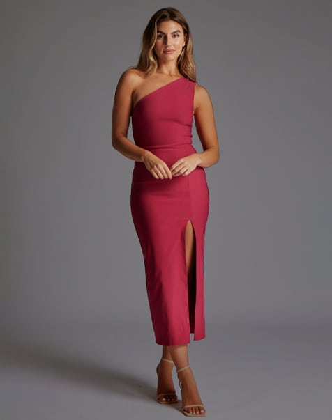 Vesper One shoulder midaxi dress with thigh split in raspberry