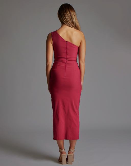 Vesper One shoulder midaxi dress with thigh split in raspberry, 2 of 4