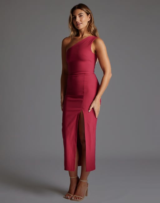Vesper One shoulder midaxi dress with thigh split in raspberry, 3 of 4