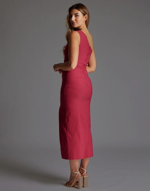 Vesper One shoulder midaxi dress with thigh split in raspberry, 4 of 4