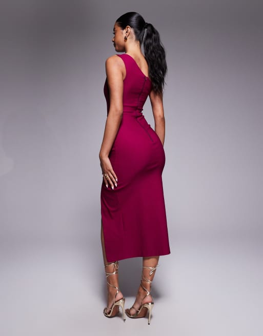 Vesper One shoulder midaxi with thigh split in berry, 2 of 4