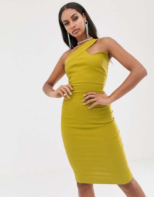 Vesper one shoulder midi stretch pencil dress in ochre ASOS