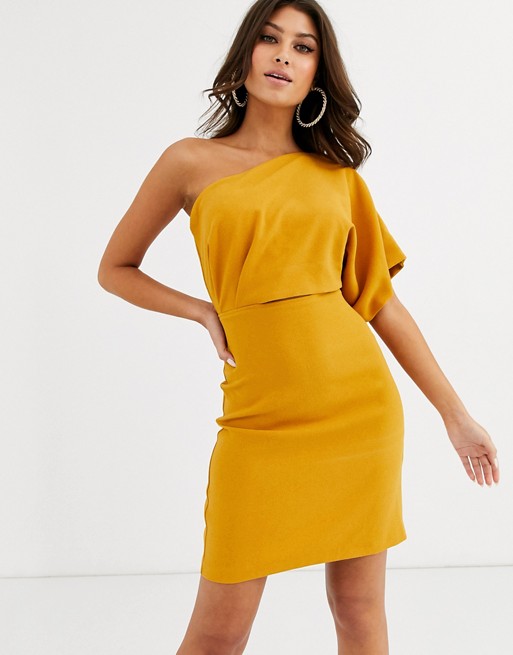 Vesper one shoulder mini dress with cut out and tie detail in ochre