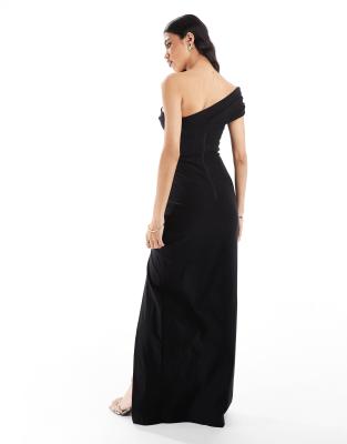 Vesper One Shoulder Ruched Bodycon Thigh Split Maxi Dress In Black