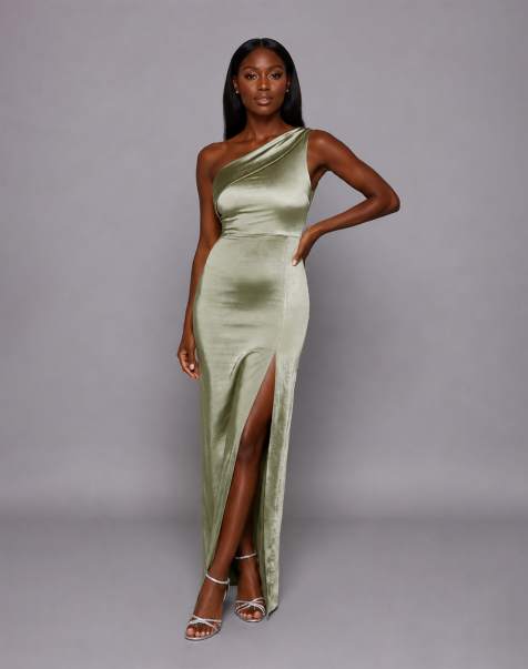 Vesper One shoulder satin maxi dress in olive
