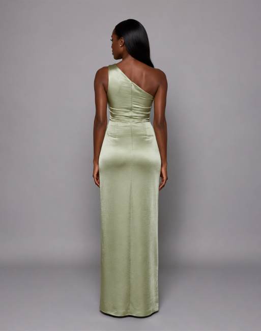 Vesper One shoulder satin maxi dress in olive, 2 of 4
