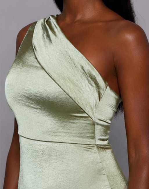 Vesper One shoulder satin maxi dress in olive, 3 of 4