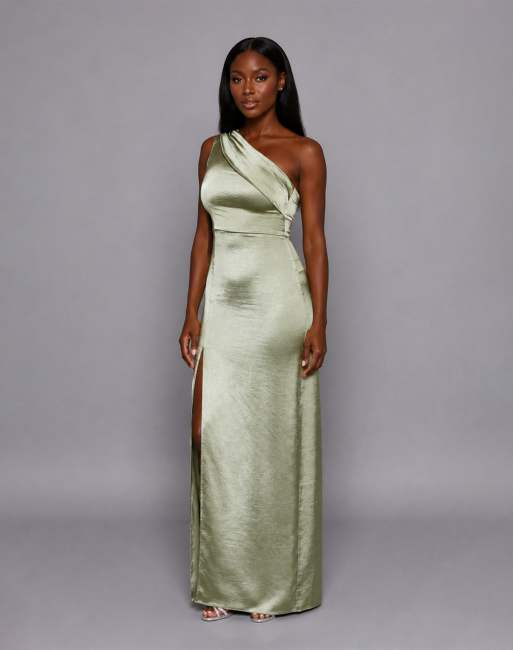 Vesper One shoulder satin maxi dress in olive, 4 of 4