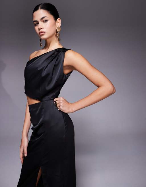 Vesper One shoulder satin maxi dress with cut-out in black, 2 of 4