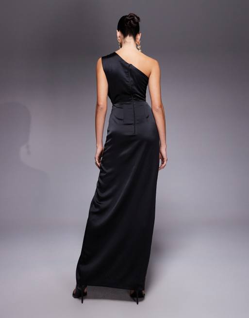 Vesper One shoulder satin maxi dress with cut-out in black, 3 of 4