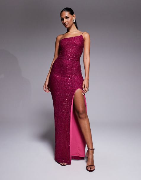 Vesper One shoulder sequin maxi dress with thigh split in fuchsia - view 1