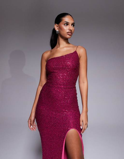 Vesper One shoulder sequin maxi dress with thigh split in fuchsia, 4 of 4