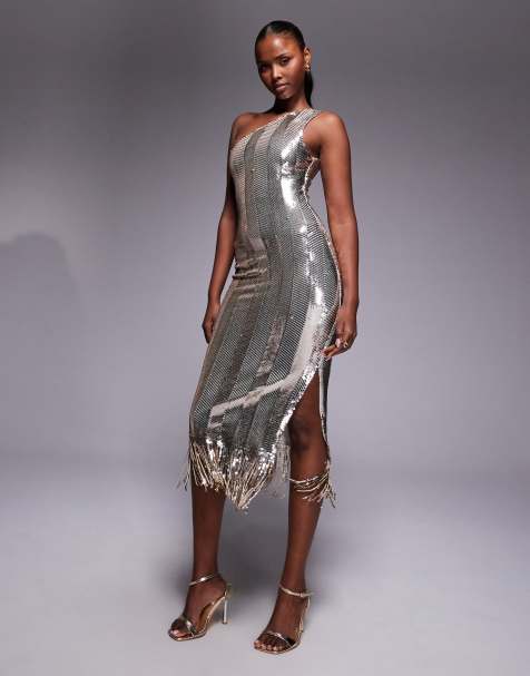 Vesper One shoulder sequin midaxi dress in gold
