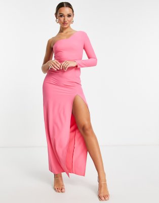 Vesper One Shoulder Thigh Split Maxi Dress With Exposed Zip In Pink