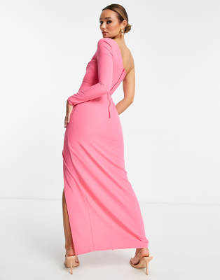 Vesper one shoulder thigh split maxi dress with exposed zip in pink